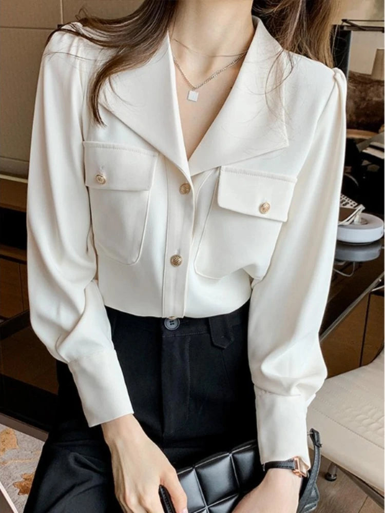 Women's Shirt and Blouse White Dress Shirts Loose Office Outfits Wear To Work Formal Female Tops Full Long Sleeve Button Up Cool