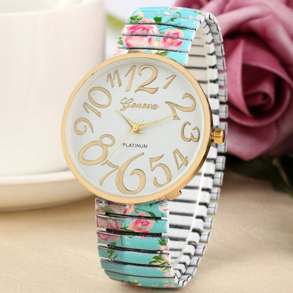 Fashion Women Quartz Watch Large Arabic Number Dial Ladies Wristwatch Unique Elastic Printing Strap Girls Watches Reloj Mujer