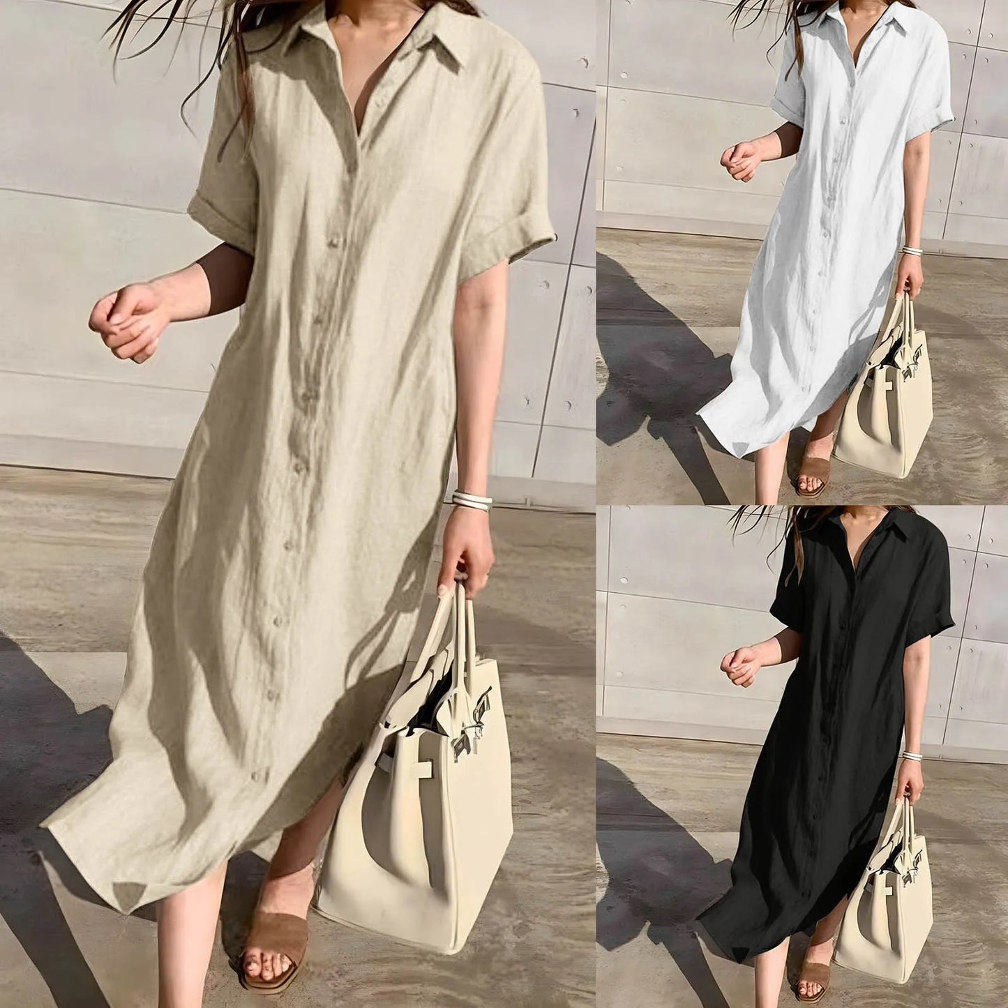 2024 Summer Cotton And Linen Korean Women's Long Dress Casual Vintage Loose Lace Waist Single-Breasted Short Sleeve Midi Dresses