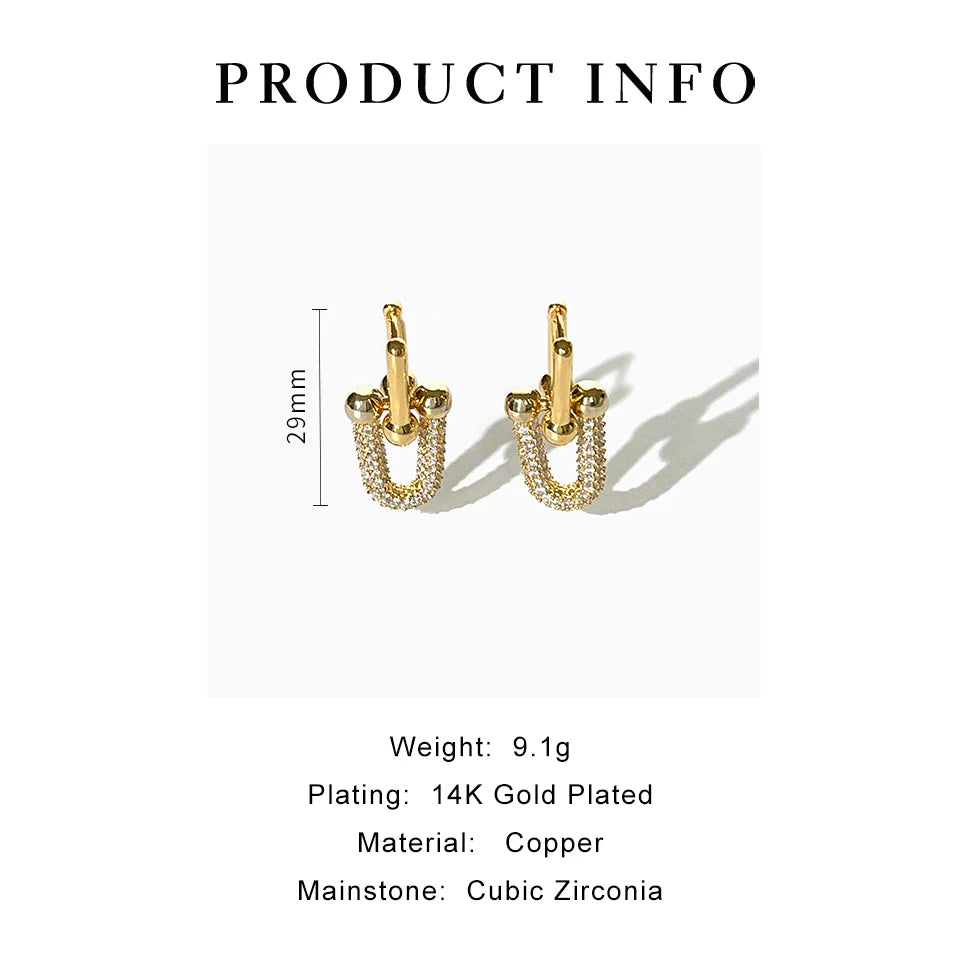 Peri'sbox Statement Gold Plated Chunky U Shape Link Chain Dangle Hoop Earrings with Inlaid Cubic Zirconia Fashion Accessories