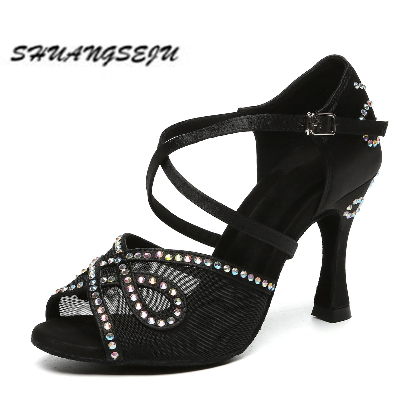 SHUANGSEJU New adult Latin dance Shoes Women Salsa Fashion shiny glass slipper Bachata performance shoes Black Everything 6-10cm