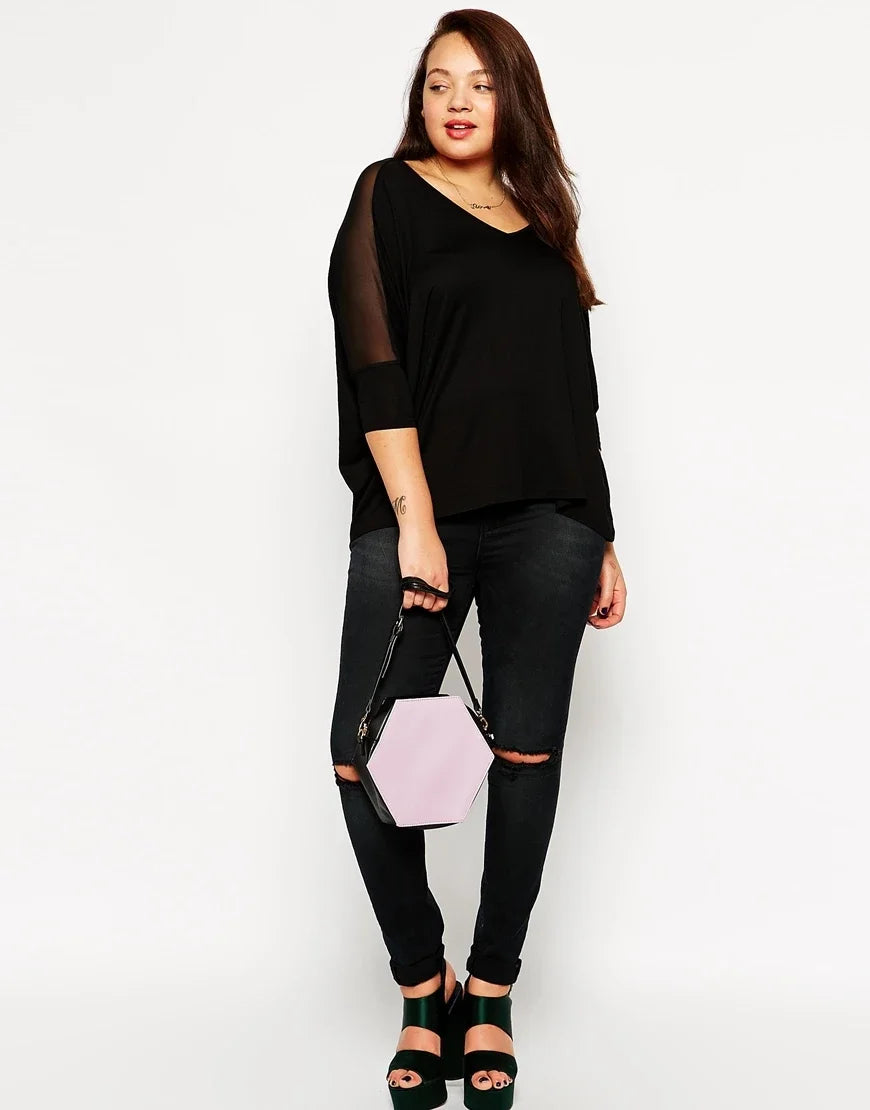 Plus Size Summer Elegant Loose Blouse Women 3/4 Batwing Sleeve Mesh Panel Black Loose Oversize Top Large Size Casual T-shirt 6XL