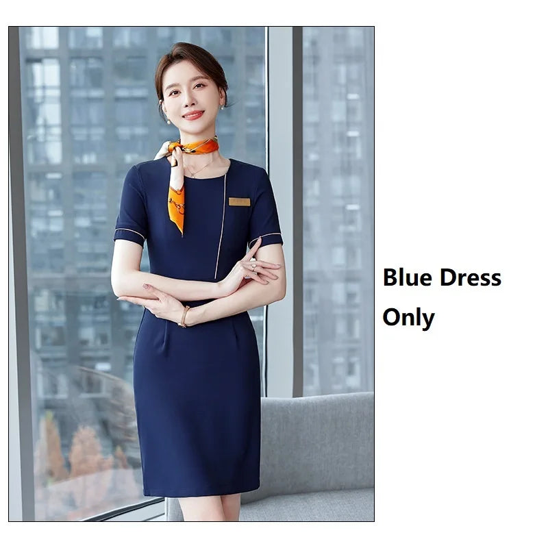 Summer Short Sleeve Elegant Dresses for Women Slim Hips with Scarf Professional Business Work Wear Office Ladies Vestidos