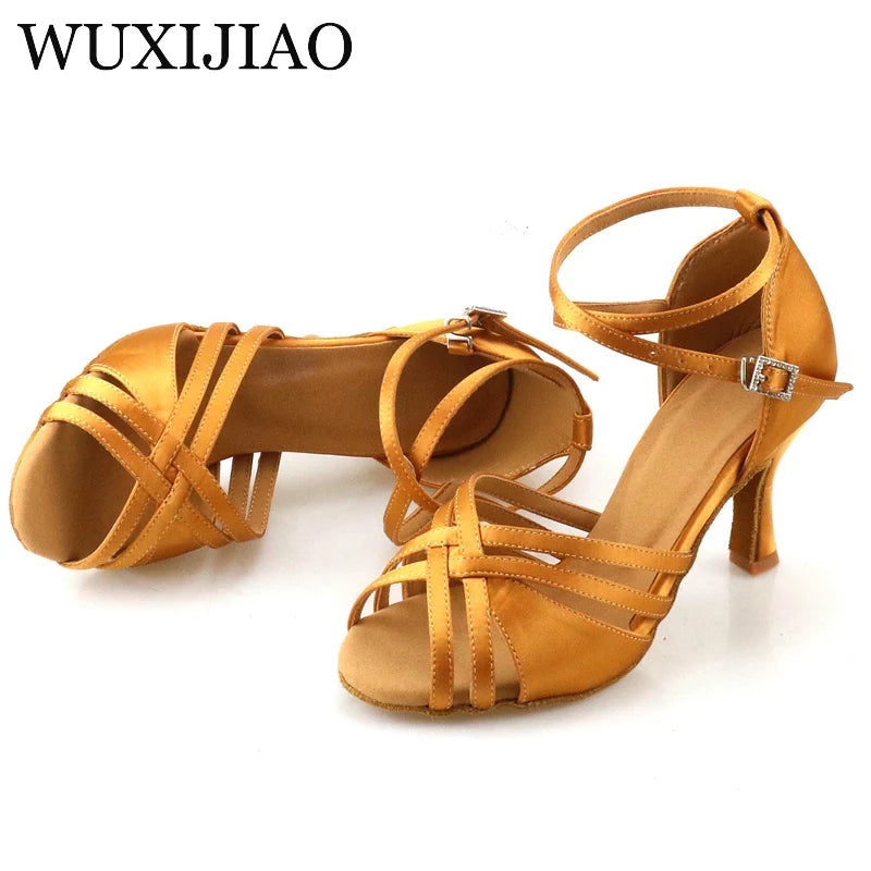 WUXIJIAO Ballroom dance shoes, women's rhinestone dance shoes, tango dance shoes, Sasha Latin dance shoes, bronze heel