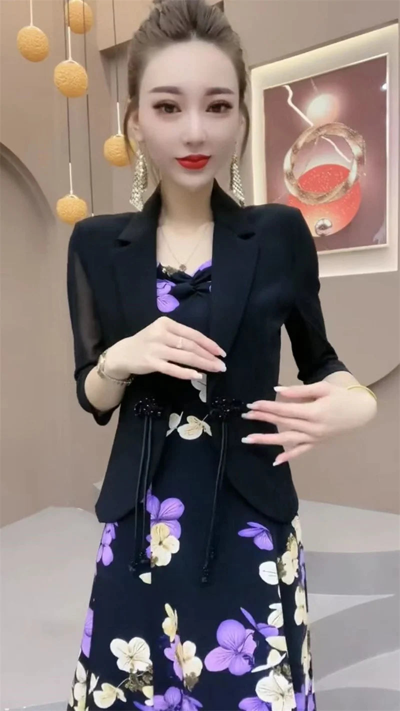 Popular High-End Brooch Blazer Slip Dress Suit Jacket Women's Summer Fashion Blazer Suit Skirt Two-Piece Set Sling Print Dress