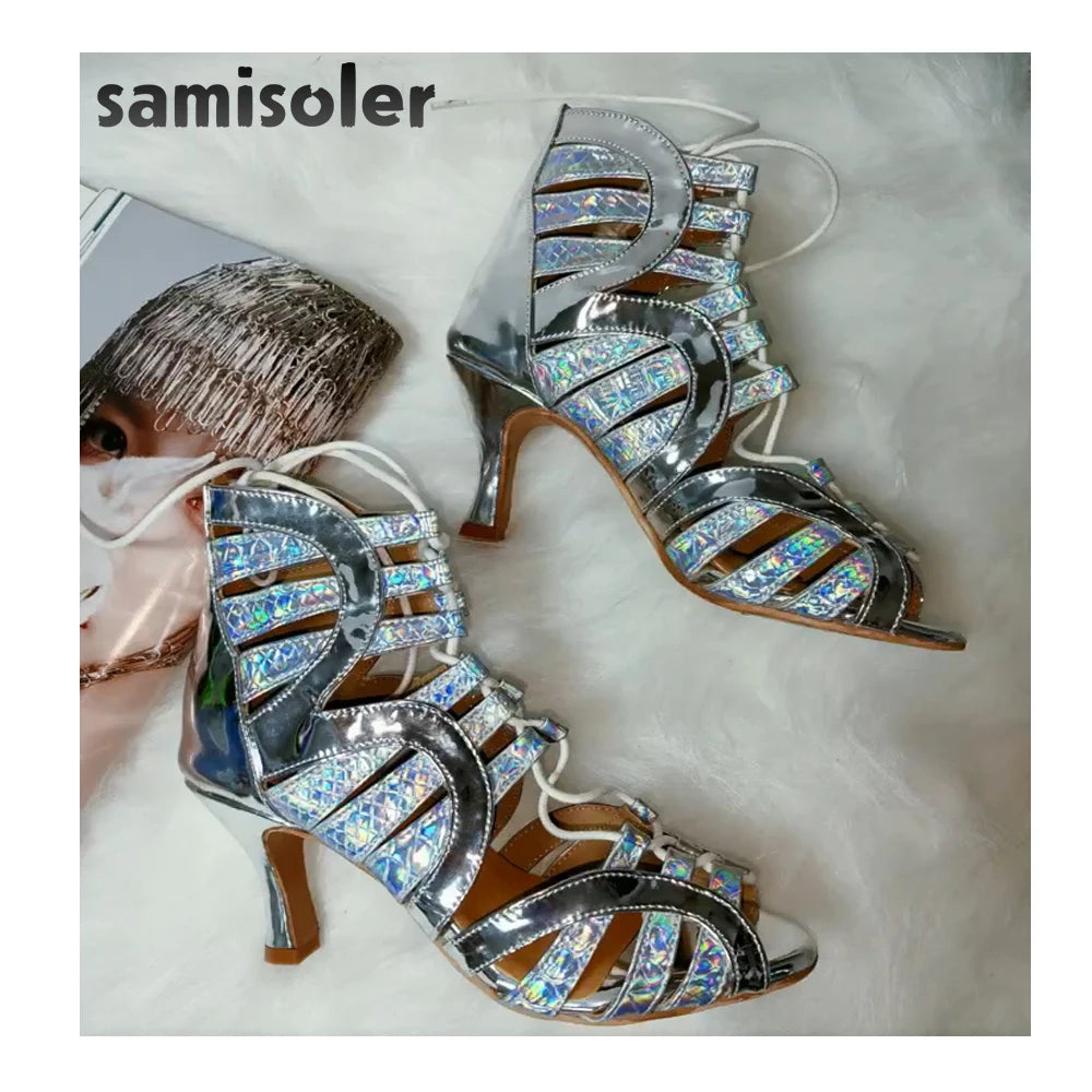 Samisoler Lace up glitter PU cool boots fashion dance shoes jazz dance shoes steel tube dance shoes Latin dance shoes