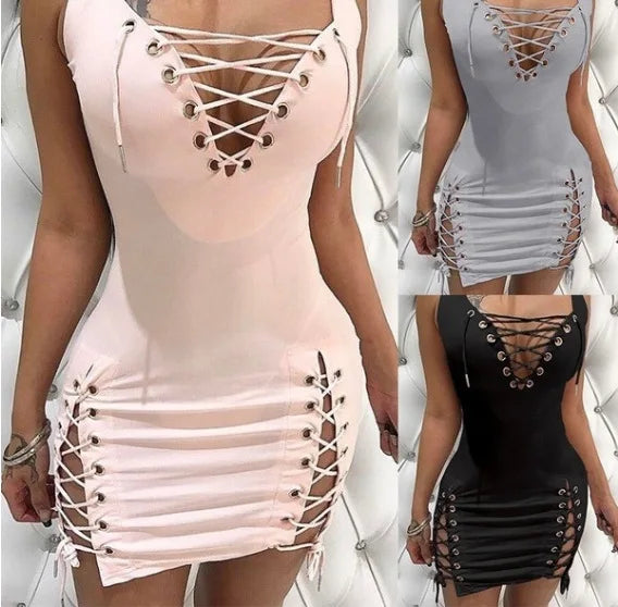 Women's Solid Deep V Slim Strapping Skinny Dress Nightclub Woman Fashion Sleeveless Sexy Spicy Girl High Waist Dresses