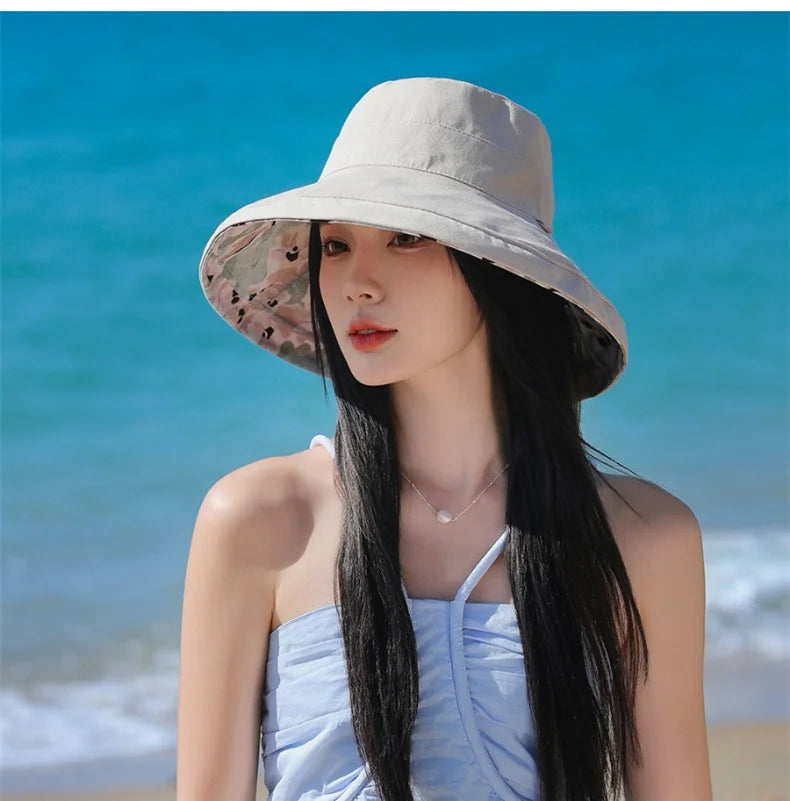 Spring Summer Double-sided Wear Large Brim Fisherman's Hat Hat Women Korea Outdoor Sunscreen Sun  Cotton Breathable Flower