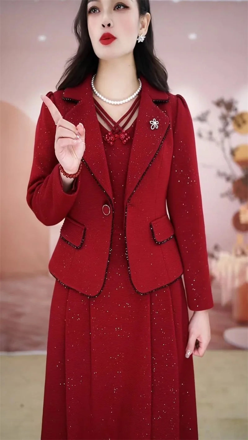 Middle Aged Female Dress Sets Spring Autumn High End Elegant Blazer Coat And Long Dress 2PCS Women OL Temperament Dresses Suit