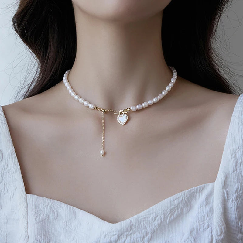 Korean Pearl Chain Choker Necklace for Women Girls 2023 Trend Jewelry Heart Tassel Pendant Necklace Bridal Engagement Gift