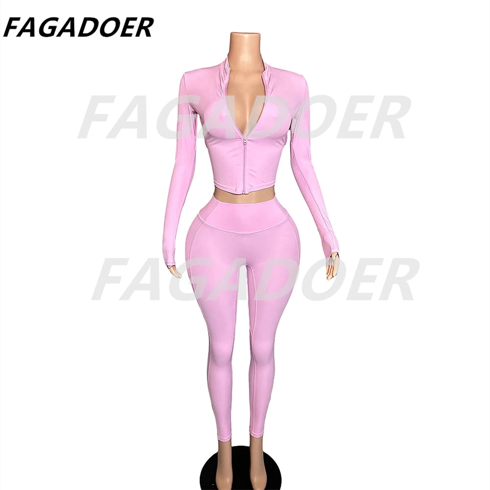 FAGADOER Candy Color Sporty 2pcs Sets Outfits Quality Stretchy Tracksuit Female Workout Streetwear Jacket + Leggings  Pants Suit