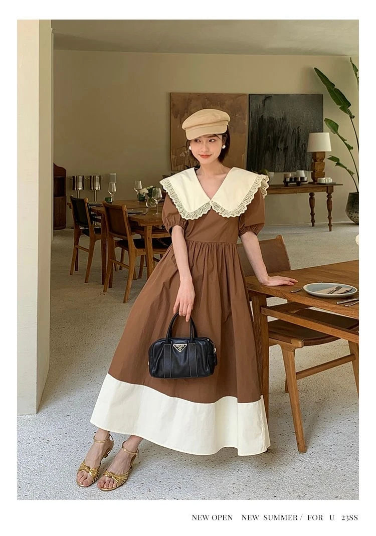 Women Dress Peter Pan Collar Hollow Out Simple Hepburn Korean Style Summer Kawaii College Patchwork Vintage Slim Fashion Preppy