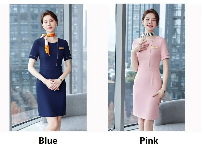 Summer Short Sleeve Elegant Dresses for Women Slim Hips with Scarf Professional Business Work Wear Office Ladies Vestidos