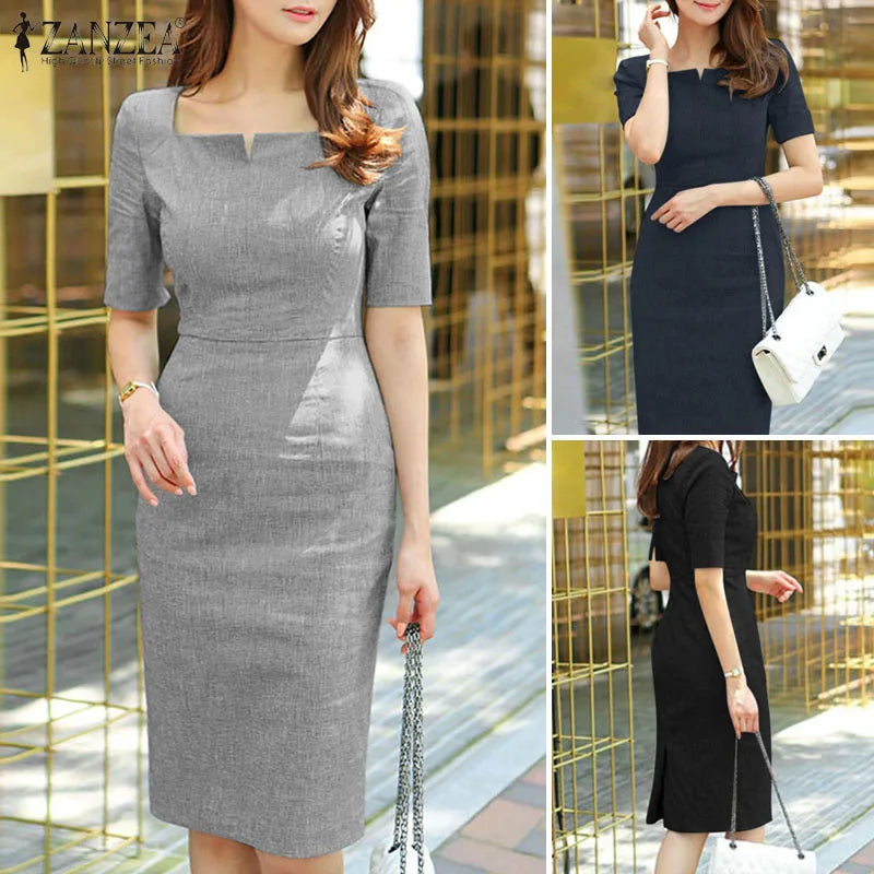 Summer Elegant Square Neck Dress ZANZEA Women Short Sleeve Slim Fit Vestidos Fashion Work Party Sundress Stylish Pencil Dresses