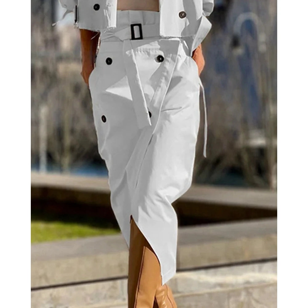 Casual Autumn Women Epaulet Nothched Collar Trench Short Coat & Buttoned Midi Pants Set Cargo Two Pieces Dress Set