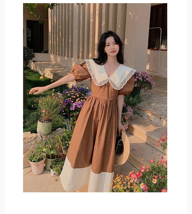 Women Dress Peter Pan Collar Hollow Out Simple Hepburn Korean Style Summer Kawaii College Patchwork Vintage Slim Fashion Preppy