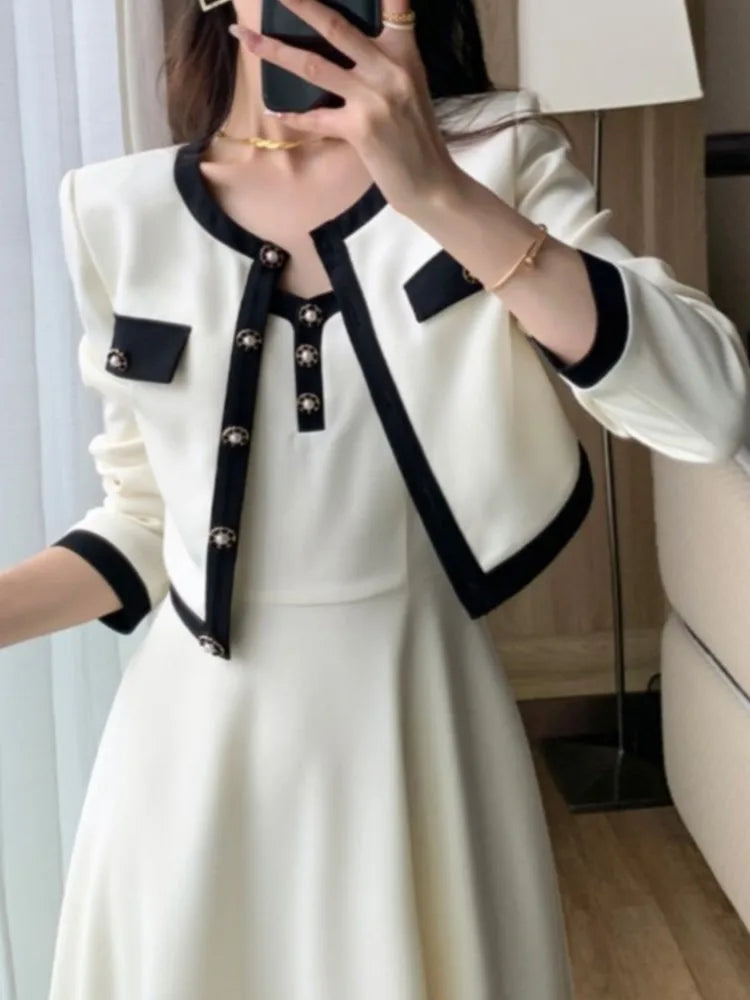 Women Short Coat A-Line Midi Camisole Dresses Spring Elegant 2-Piece Dress Set for Lady Slim Korean New Fashion Female Suit