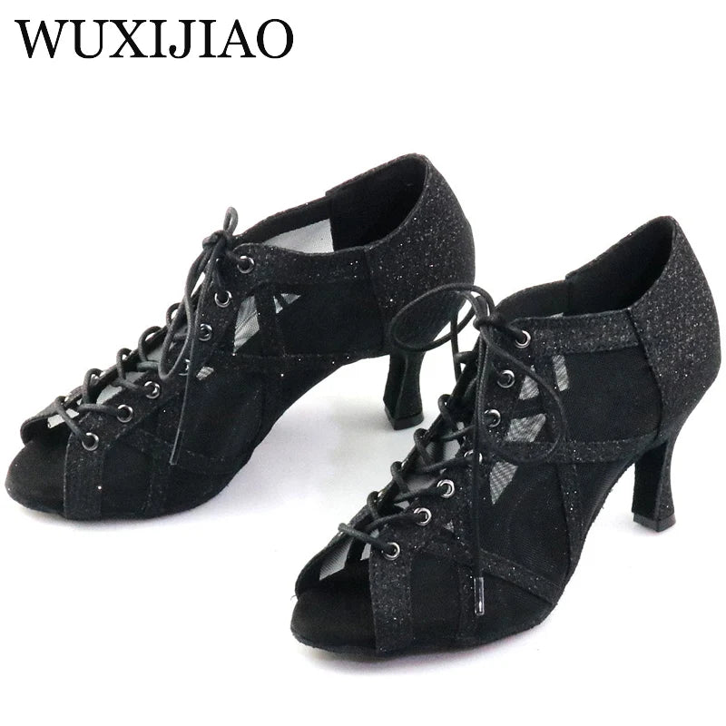 Black diamond inlaid Latin dance shoes, fish billed women's high top dance shoes, cool boots, ball and social dance shoes, salsa