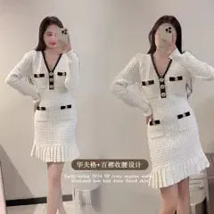 Luxury Autumn Long Sleeve White Sequin Short Dress Women's Knitted Waffle Mermaid Fishtail Crystal Button Evening Party Vestidos