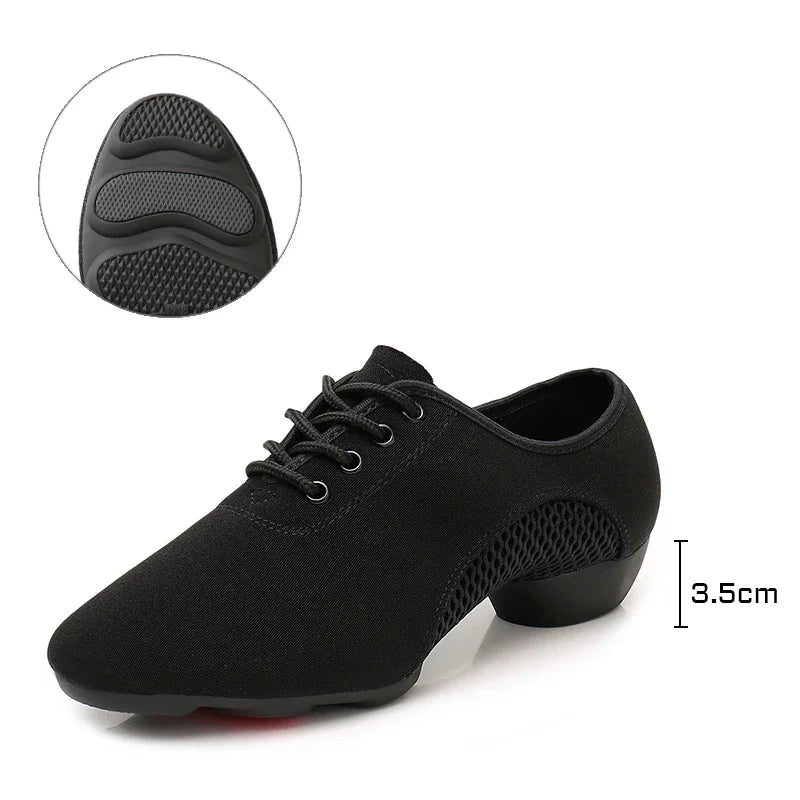 2024 New Arrival Oxford Cloth Latin Dance Shoes Unisex Air-Mesh Breathable Ballroom Shoes 3.5CM Heel Lace-Up Design Tango Jazz