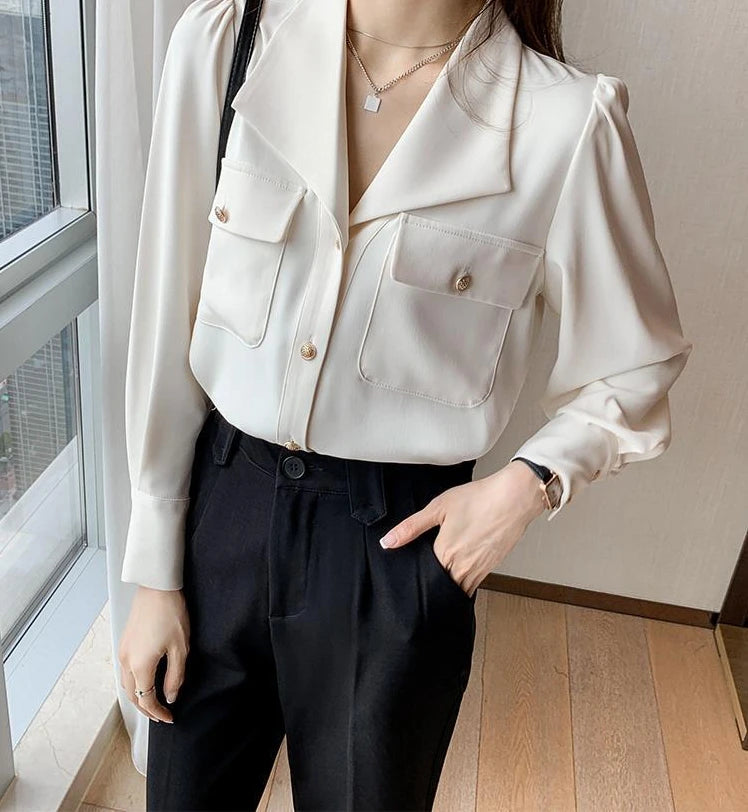 Women's Shirt and Blouse White Dress Shirts Loose Office Outfits Wear To Work Formal Female Tops Full Long Sleeve Button Up Cool