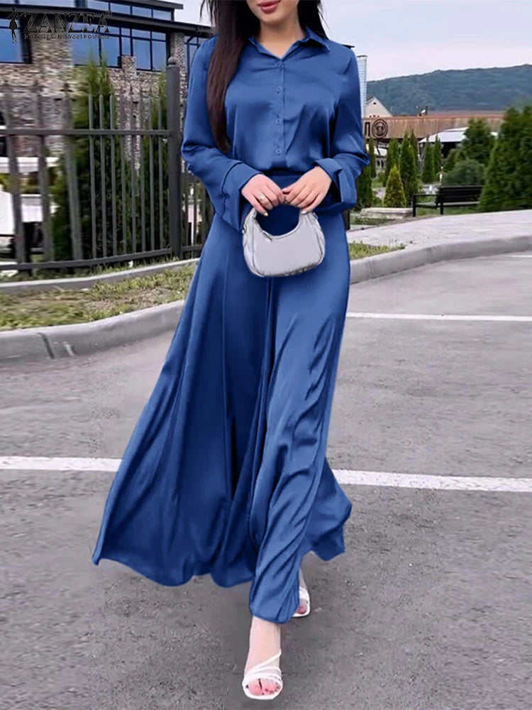 Vintage Satin Silk Dress Suit Fashion Solid Shirt Outfits Swing Skirt Sets ZANZEA Casual Loose Buttons Holiday Office 2pcs Sets