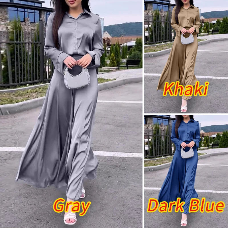 ZANZEA Vintage Satin Silk Dress Suit Fashion Solid Shirt Outfits Swing Skirt Sets Casual Loose Buttons Holiday Office 2pcs Sets