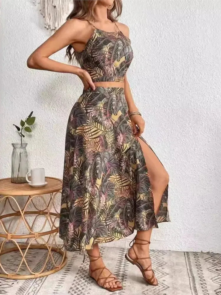 Women Summer Sexy Sleeveless Top With Matching Fashion Printed Skirt Two Piece Set