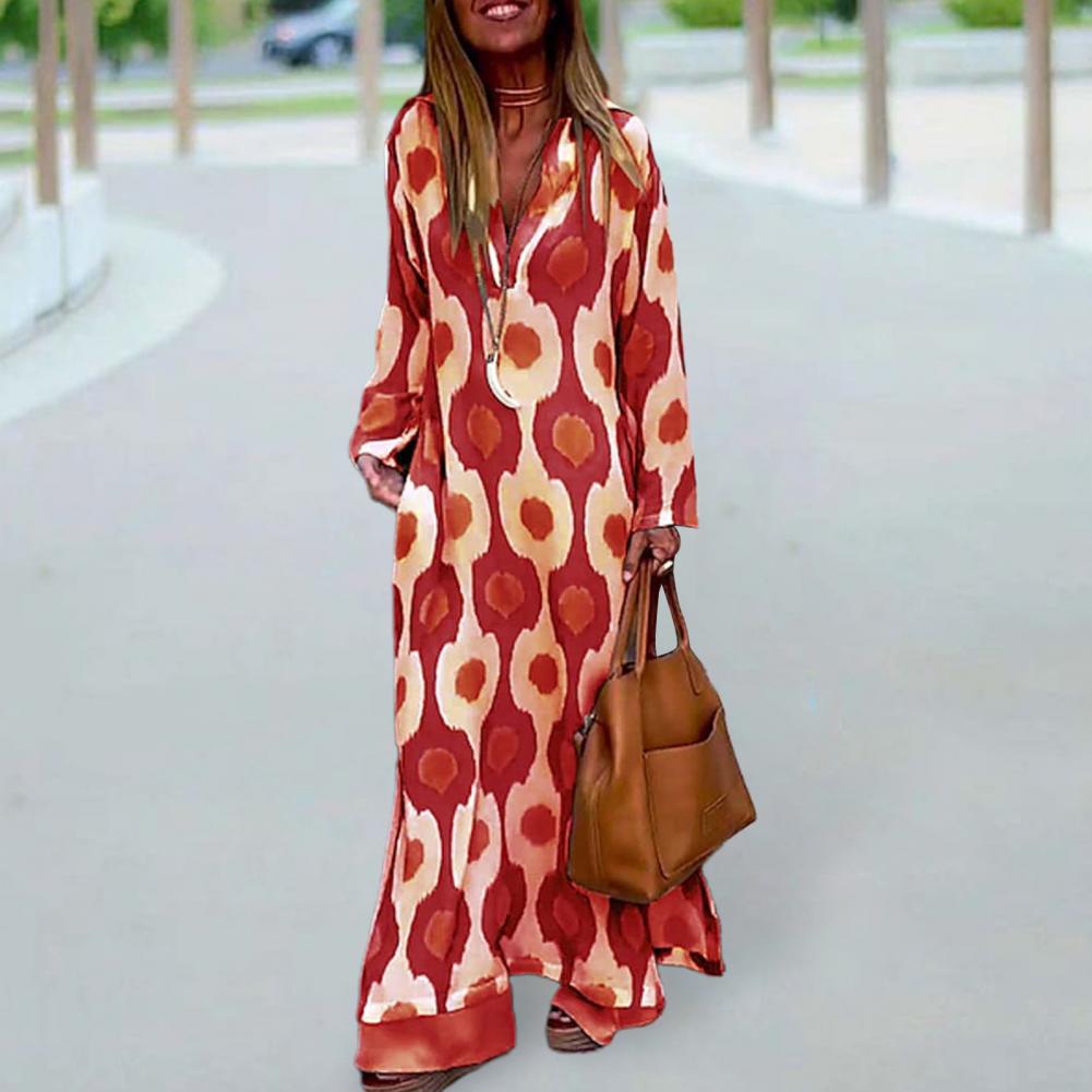 Women Maxi Dress Printing V-neck Beach Dress Hem Slit Contrast Color Maxi Dress Long Sleeves Lady Summer Dress Female Clothes