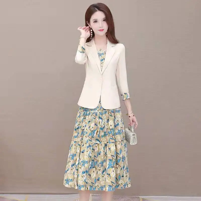 Women's Casual Floral Sling Dress Set 2025 Spring Autumn New Suit Jacket Dresses Two Piece Female Chic Blazers Midi Skirt Set