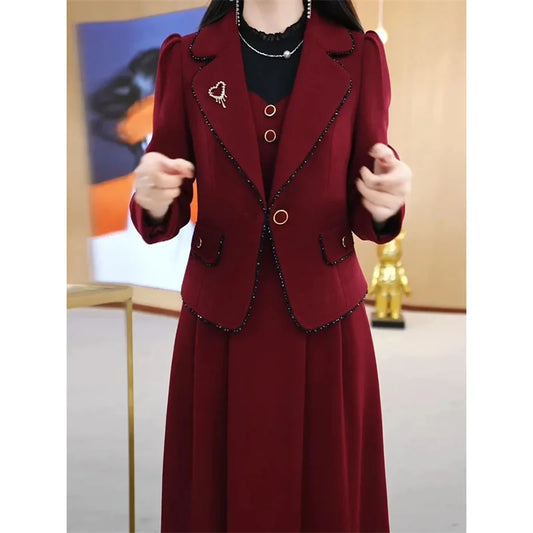 High End Suit Jacket Dress Two-piece Set Women 2024 Spring Autumn Winter New Advanced Red Blazer Coat Long Dress Female Outfit