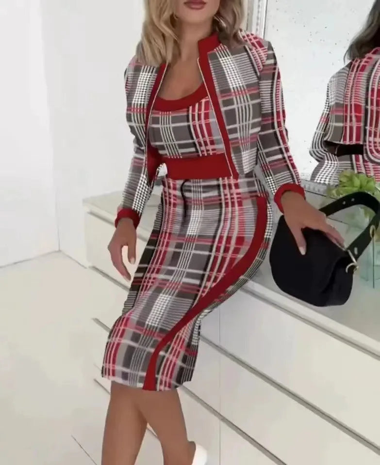 3 Two Piece Set For Women Autumn Winter Spaghetti Top And Skirt Sets Elegant Office Houndstooth Print Dress With Coat Suit