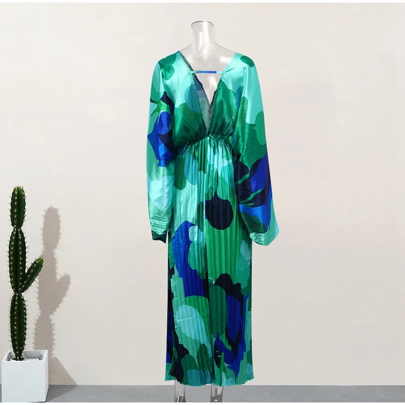 Maxi Dresses 2023 Summer Autumn Chic Vacation Holiday Vestidos Elegant V-neck Print Long Sleeve Dress For Women Patchwork Split