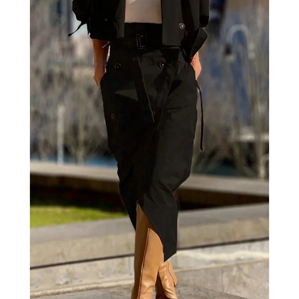 Casual Autumn Women Epaulet Nothched Collar Trench Short Coat & Buttoned Midi Pants Set Cargo Two Pieces Dress Set