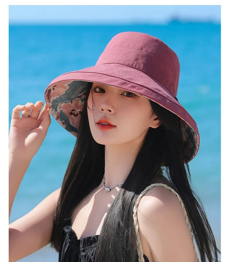 Spring Summer Double-sided Wear Large Brim Fisherman's Hat Hat Women Korea Outdoor Sunscreen Sun  Cotton Breathable Flower