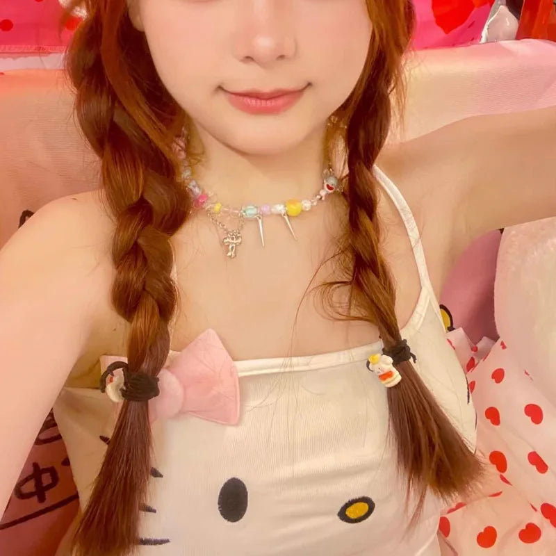 Sanrio Hello Kitty Cute Embroidery Pattern Plush Bows Slim Fit White Sweet Strap Dress Thin Sleeveless Camisole Short Skirt