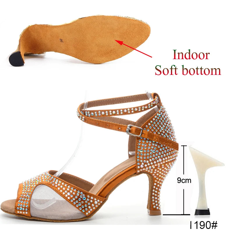 Latin Dance Shoes Women's Salsa Tango Ballroom Party High Heel Women's Shoes Bronze Satin Rhinestone Dance Sandals Summer