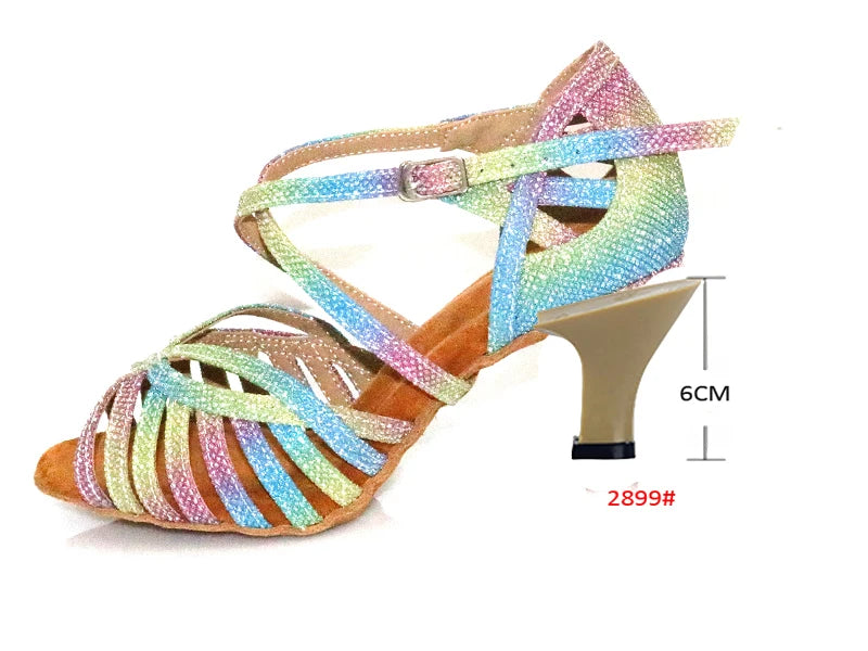 WUXIJIAO Latin Dance Shoes For Women Colorful glitter fabric Salsa Dance Shoes Women's Ballroom Dance Sandals