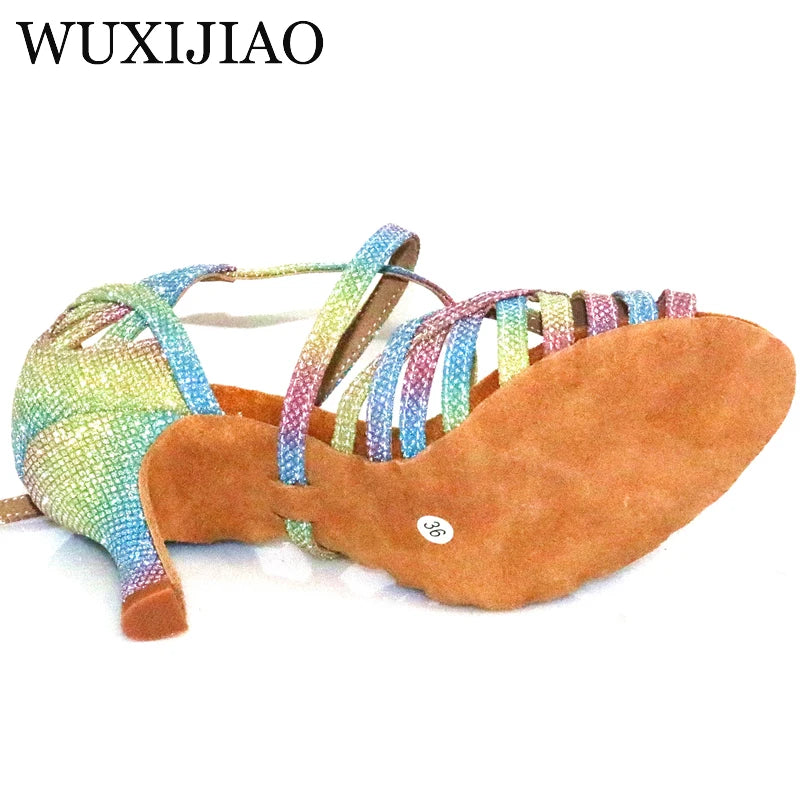 WUXIJIAO Latin Dance Shoes For Women Colorful glitter fabric Salsa Dance Shoes Women's Ballroom Dance Sandals