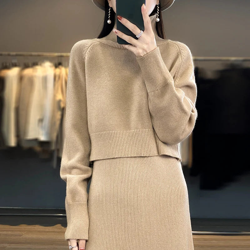 Two Piece Set Women New Autumn Winter Fashion Solid Color Sweater Suit Long Sleeve Turtleneck Clothing Straight Split Dress Sets