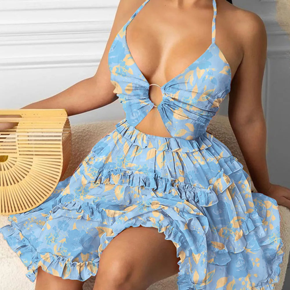 Summer New Printed Halter Neck Mini Dresses For Women Sexy Deep V-neck Hollow Out Backless Leace-up Dress Beach Vestido Feminino