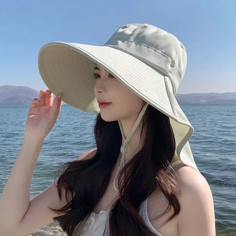 Waterproof Bucket Hats Women Summer Outdoor Sun Protection Ponytail Hole Hat Fashion Korean Large Capes Fisherman Hat Kpop Caps