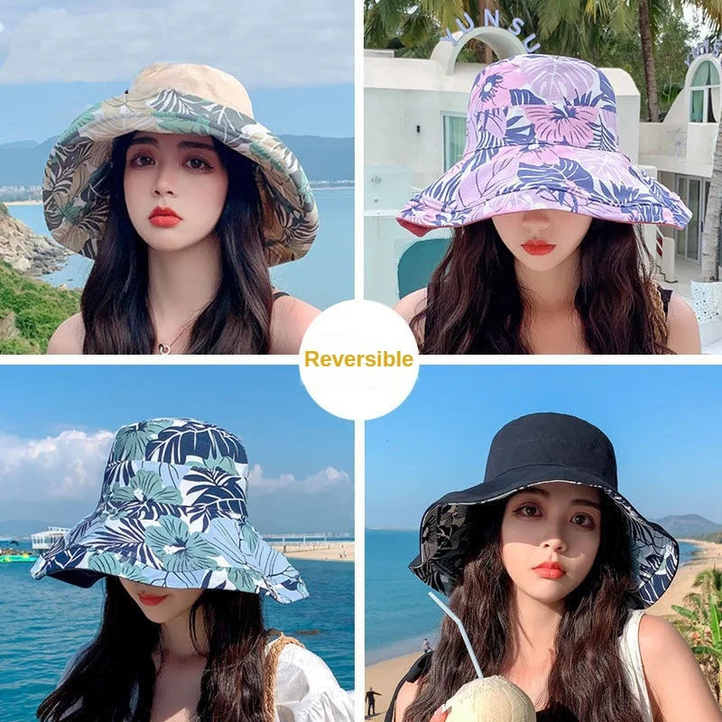 Reversible Foldable Cotton Sun Hat for Women Summer Wide Brim UV Protection Panama Beach Bucket Hat Ladies Girls Outdoor Sea Hat