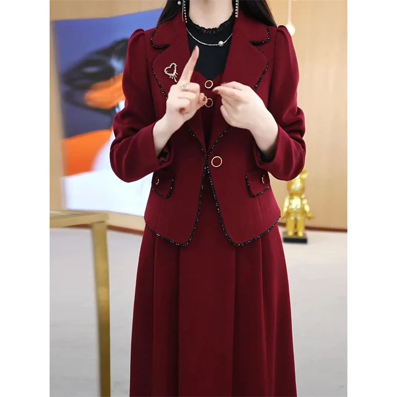 High End Suit Jacket Dress Two-piece Set Women 2024 Spring Autumn Winter New Advanced Red Blazer Coat Long Dress Female Outfit