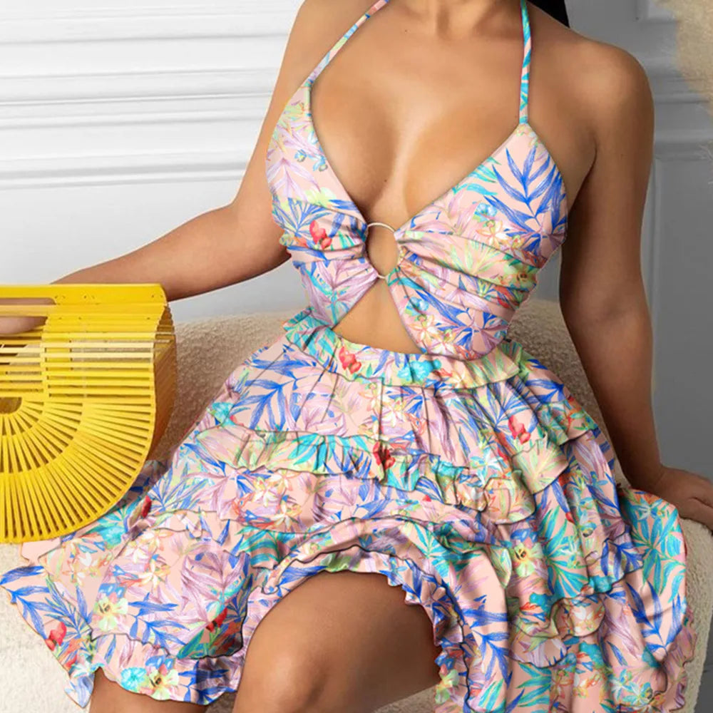 Summer New Printed Halter Neck Mini Dresses For Women Sexy Deep V-neck Hollow Out Backless Leace-up Dress Beach Vestido Feminino