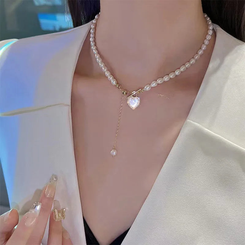 Korean Pearl Chain Choker Necklace for Women Girls 2023 Trend Jewelry Heart Tassel Pendant Necklace Bridal Engagement Gift