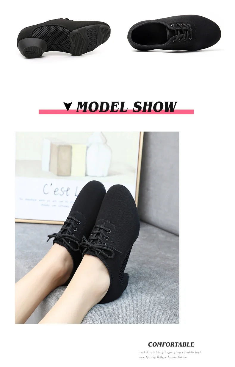 2024 New Arrival Oxford Cloth Latin Dance Shoes Unisex Air-Mesh Breathable Ballroom Shoes 3.5CM Heel Lace-Up Design Tango Jazz