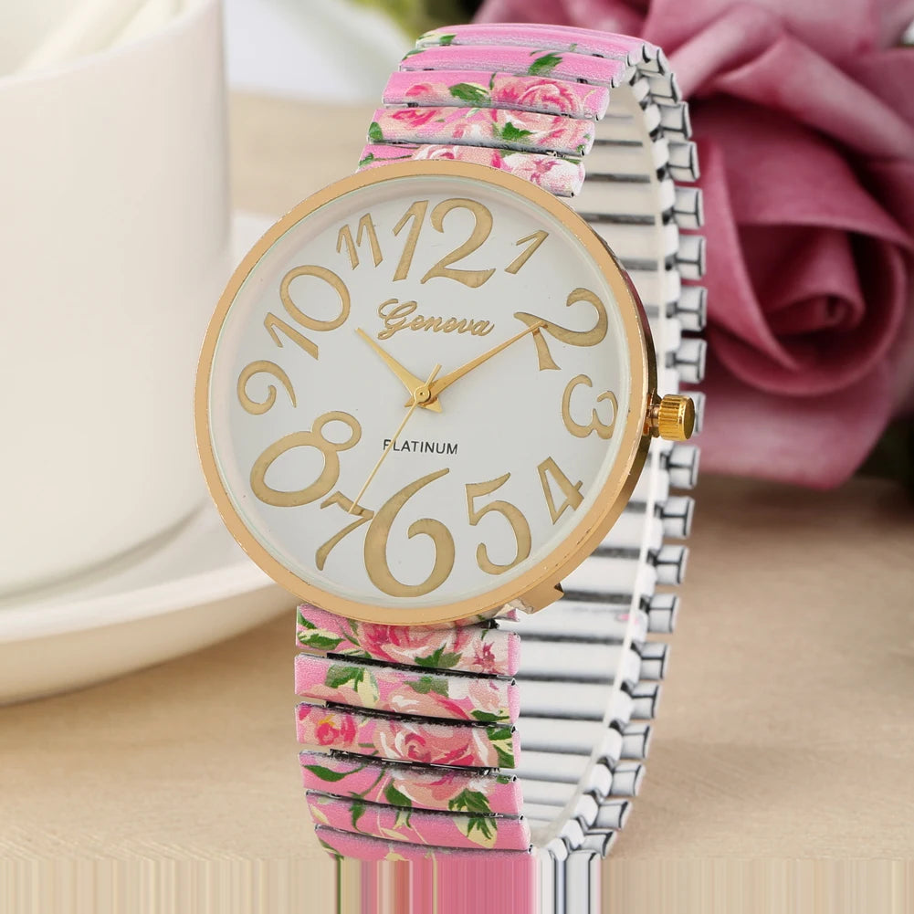 Fashion Women Quartz Watch Large Arabic Number Dial Ladies Wristwatch Unique Elastic Printing Strap Girls Watches Reloj Mujer