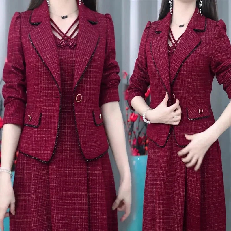 Middle Aged Female Dress Sets Spring Autumn High End Elegant Blazer Coat And Long Dress 2PCS Women OL Temperament Dresses Suit