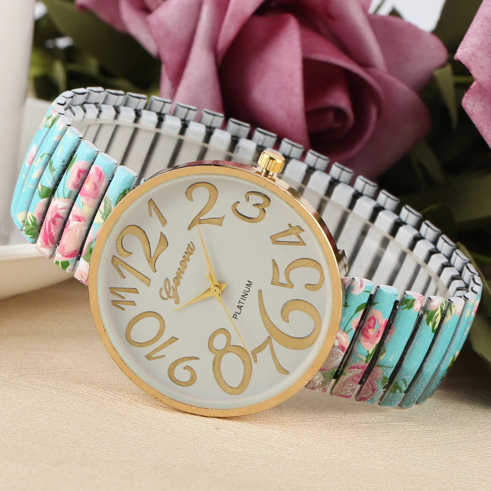 Fashion Women Quartz Watch Large Arabic Number Dial Ladies Wristwatch Unique Elastic Printing Strap Girls Watches Reloj Mujer